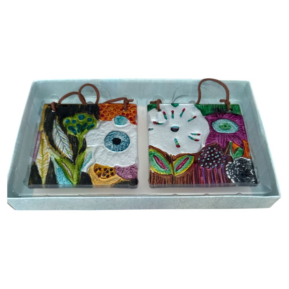 C.R. Gibson Bloom Suncatcher Set of 2 Floral Glass Panels with Leather Hangers